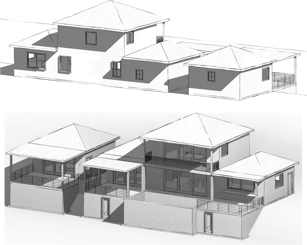 Four-bedroom villa architectural exterior study showing the split-level design