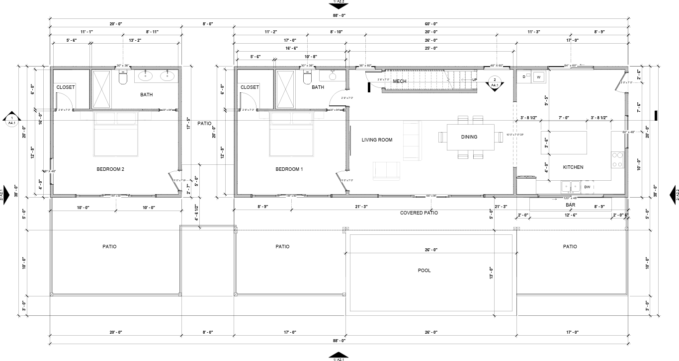 Four-bedroom villa main level architectural floor plan