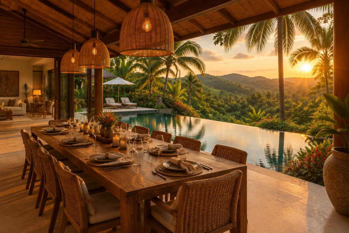 Covered outdoor dining terrace at sunset